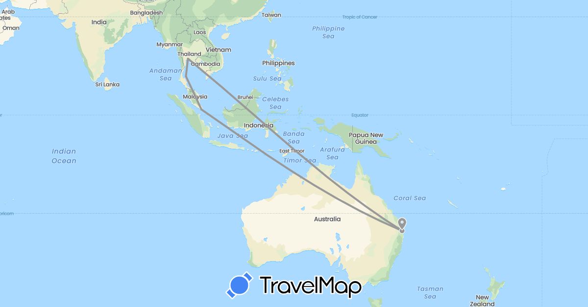 TravelMap itinerary: plane in Australia, Singapore, Thailand (Asia, Oceania)